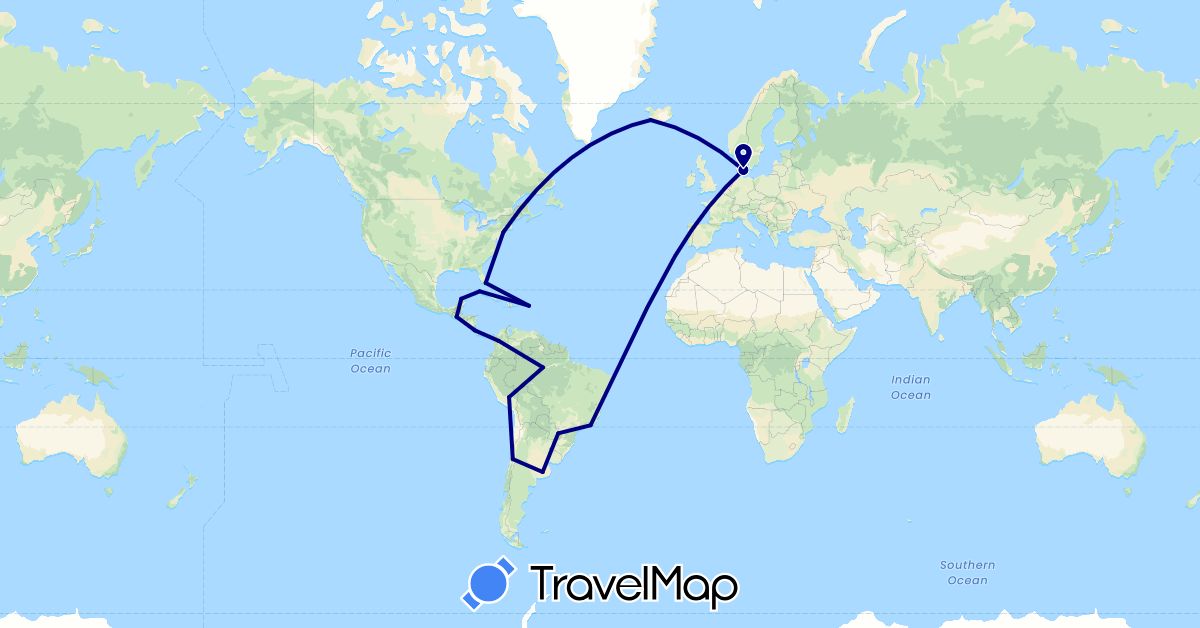 TravelMap itinerary: driving in Argentina, Brazil, Chile, Colombia, Costa Rica, Cuba, Denmark, Guatemala, Iceland, Mexico, Peru, Paraguay, United States (Europe, North America, South America)