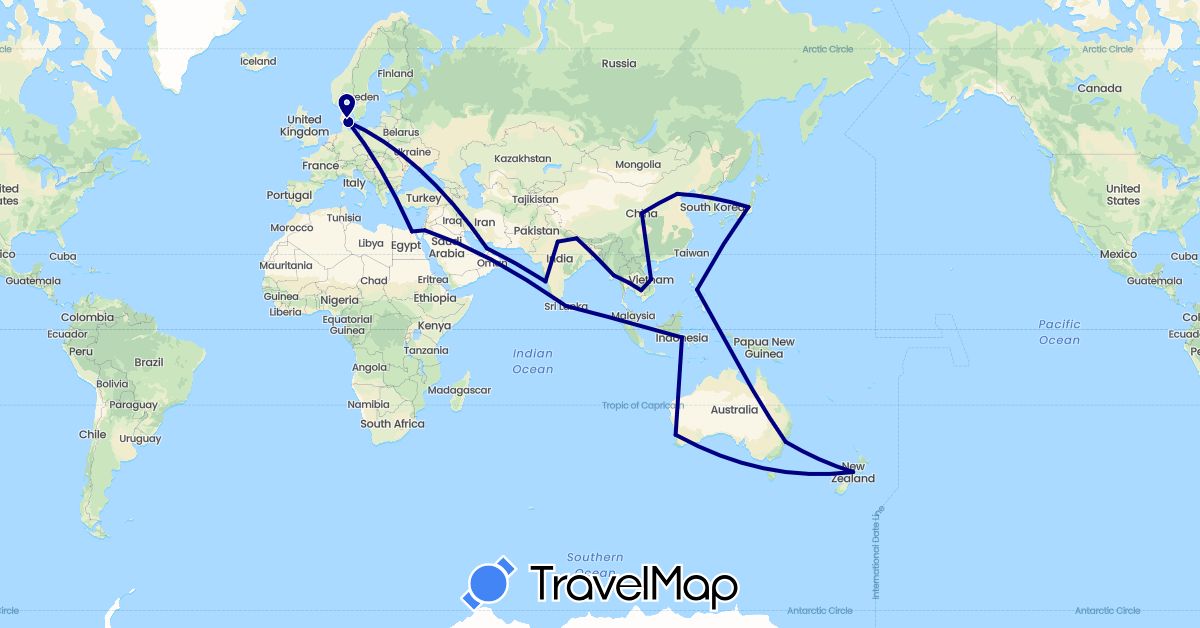 TravelMap itinerary: driving in United Arab Emirates, Australia, China, Denmark, Egypt, Indonesia, India, Jordan, Japan, Sri Lanka, Myanmar (Burma), Nepal, New Zealand, Philippines, Thailand (Africa, Asia, Europe, Oceania)